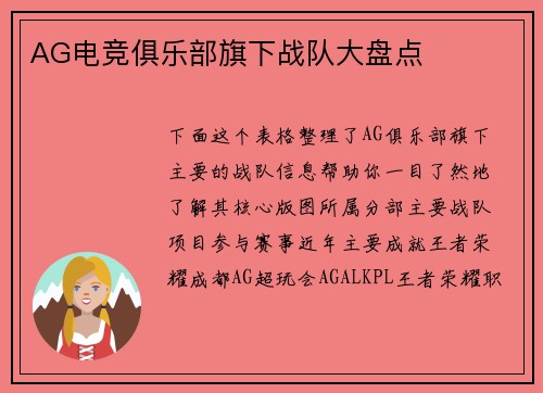 AG电竞俱乐部旗下战队大盘点