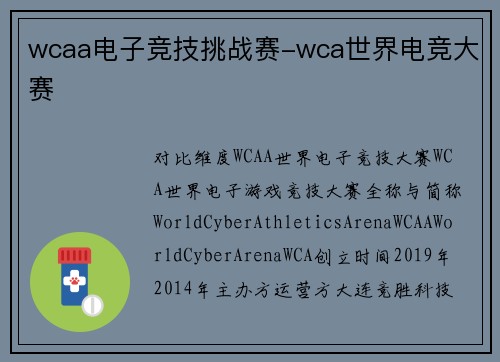 wcaa电子竞技挑战赛-wca世界电竞大赛